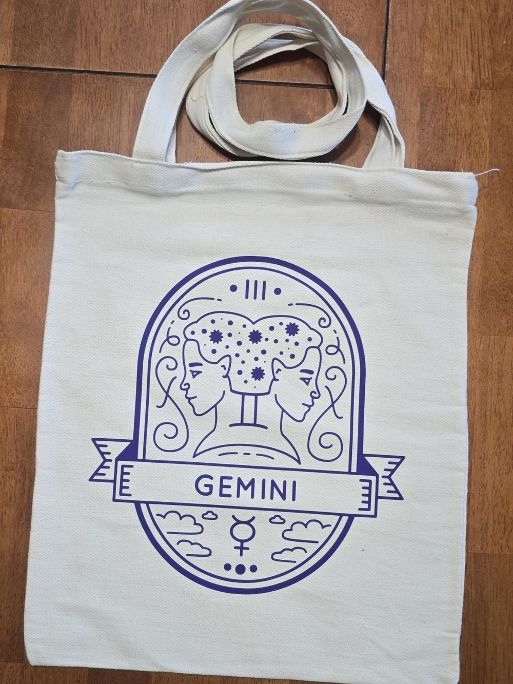 Gemini Zodiac Heavy Canvas Tote Bag in Cream with Purple Print